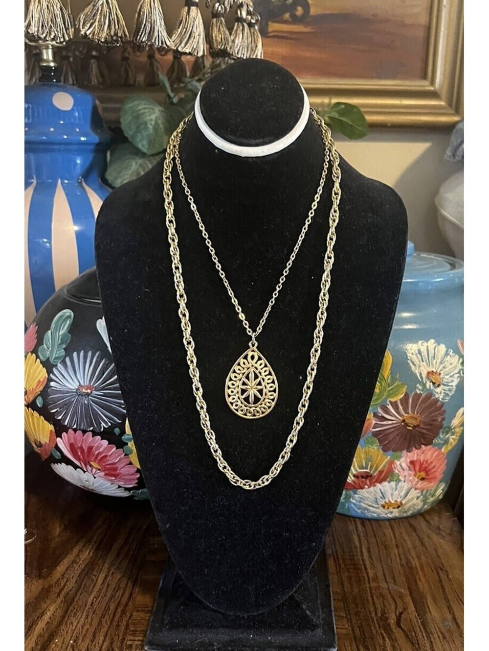 Vintage SHP Goldtone Metal Necklace Double Strand Teardrop Pendant 26" Long